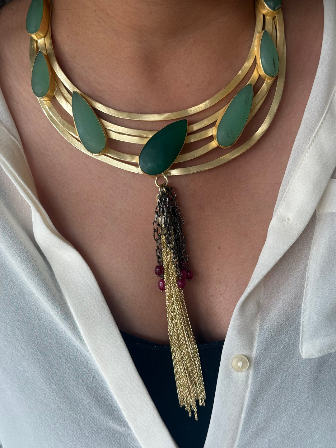 Handmade Green Onyx Hasli Necklace | Gold Polish Brass Adjustable Statement Jewelry