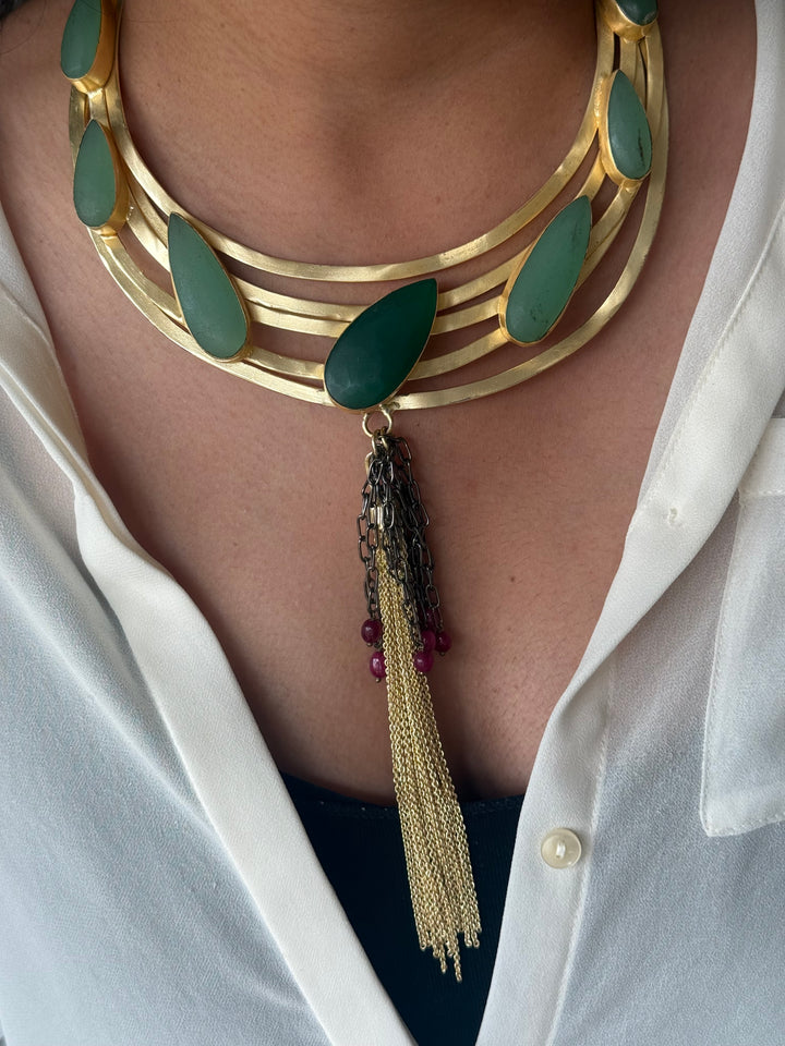 Handmade Green Onyx Hasli Necklace | Gold Polish Brass Adjustable Statement Jewelry