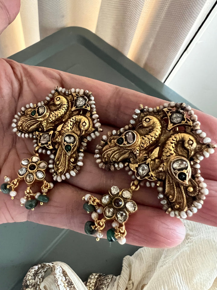 Handmade Vintage Victorian Twin Peacock 925 Silver Earrings