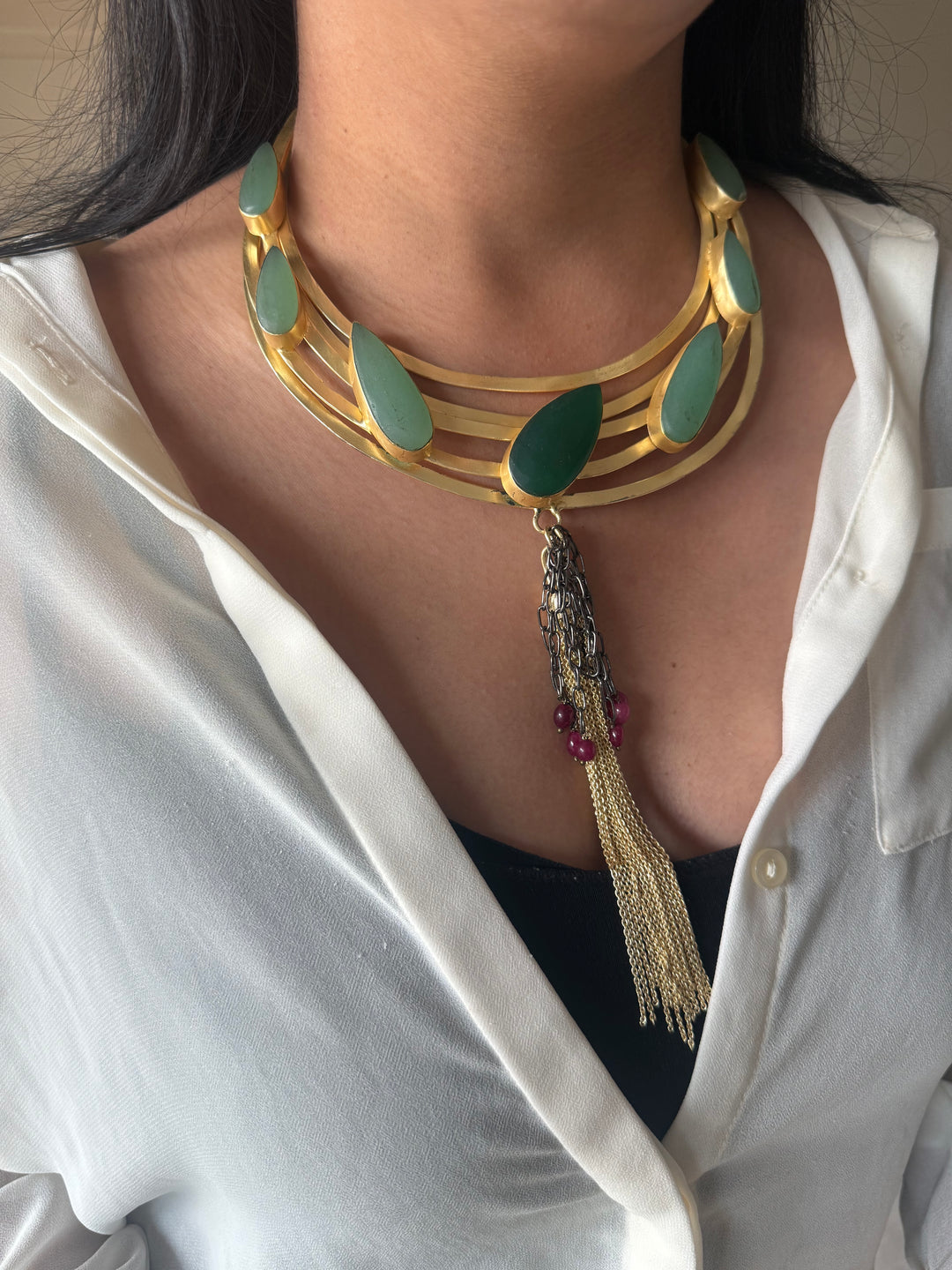 Handmade Green Onyx Hasli Necklace | Gold Polish Brass Adjustable Statement Jewelry