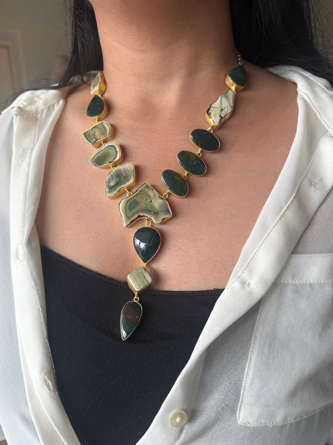 Handmade Raw Stone Necklace | Gold Polish Brass Adjustable Hook Closure Statement Jewelry