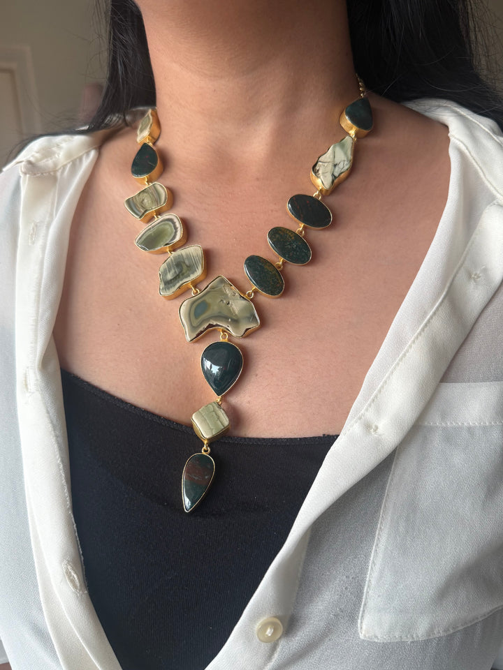 Handmade Raw Stone Necklace | Gold Polish Brass Adjustable Hook Closure Statement Jewelry