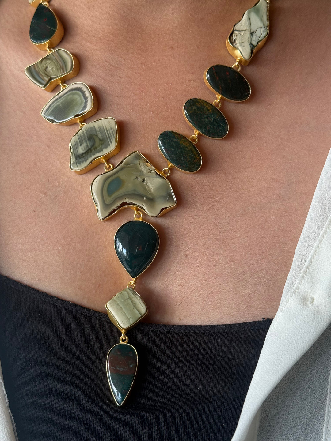 Handmade Raw Stone Necklace | Gold Polish Brass Adjustable Hook Closure Statement Jewelry