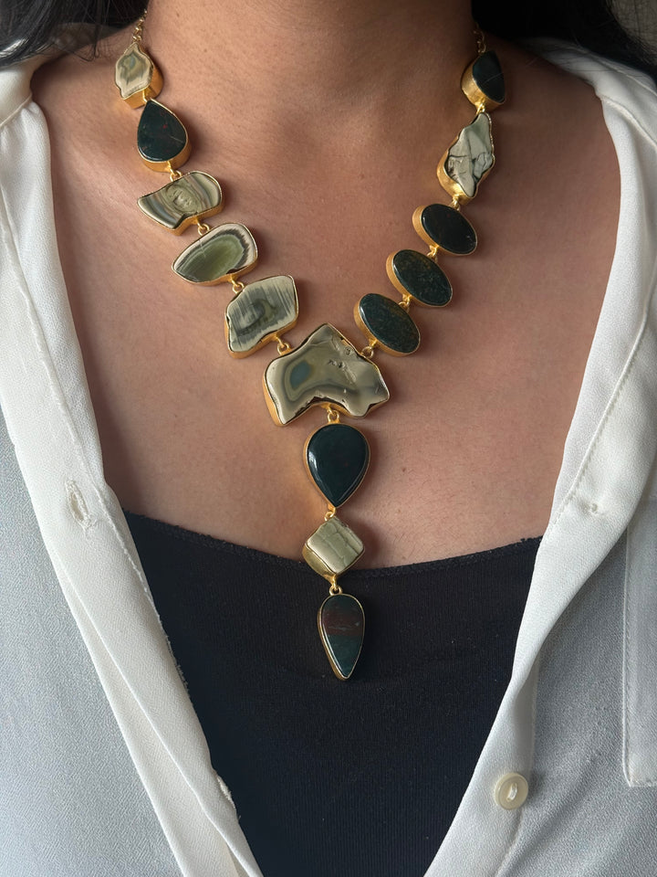 Handmade Raw Stone Necklace | Gold Polish Brass Adjustable Hook Closure Statement Jewelry