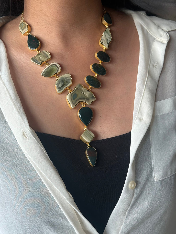 Handmade Raw Stone Necklace | Gold Polish Brass Adjustable Hook Closure Statement Jewelry