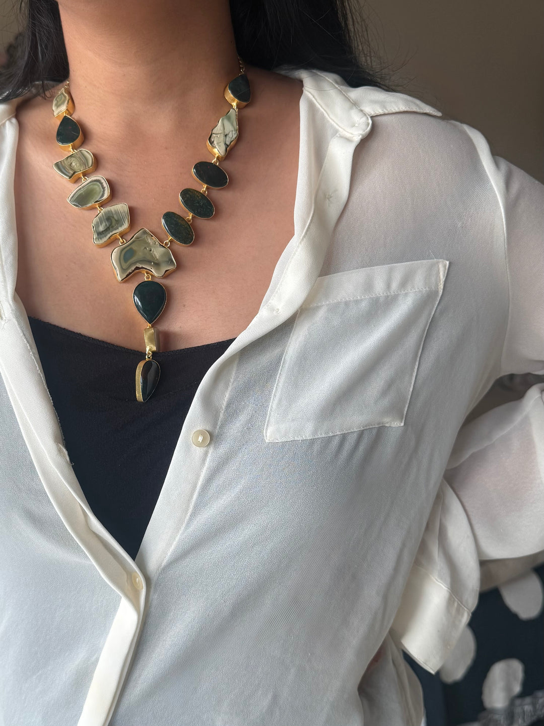Handmade Raw Stone Necklace | Gold Polish Brass Adjustable Hook Closure Statement Jewelry
