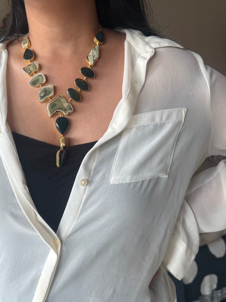 Handmade Raw Stone Necklace | Gold Polish Brass Adjustable Hook Closure Statement Jewelry
