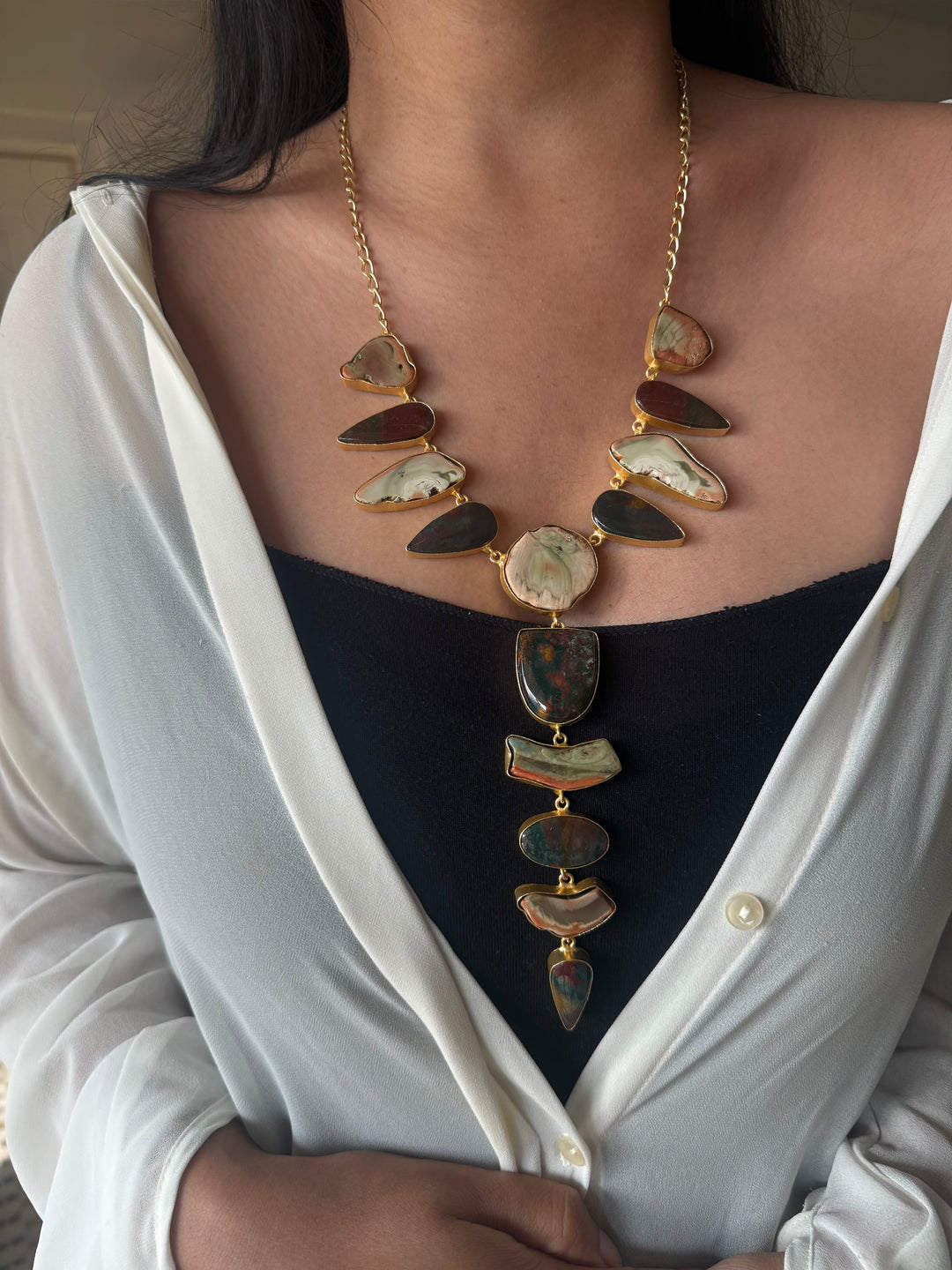 Handmade Raw Stone Necklace | Gold Polish Brass Adjustable Hook Closure Statement Jewelry