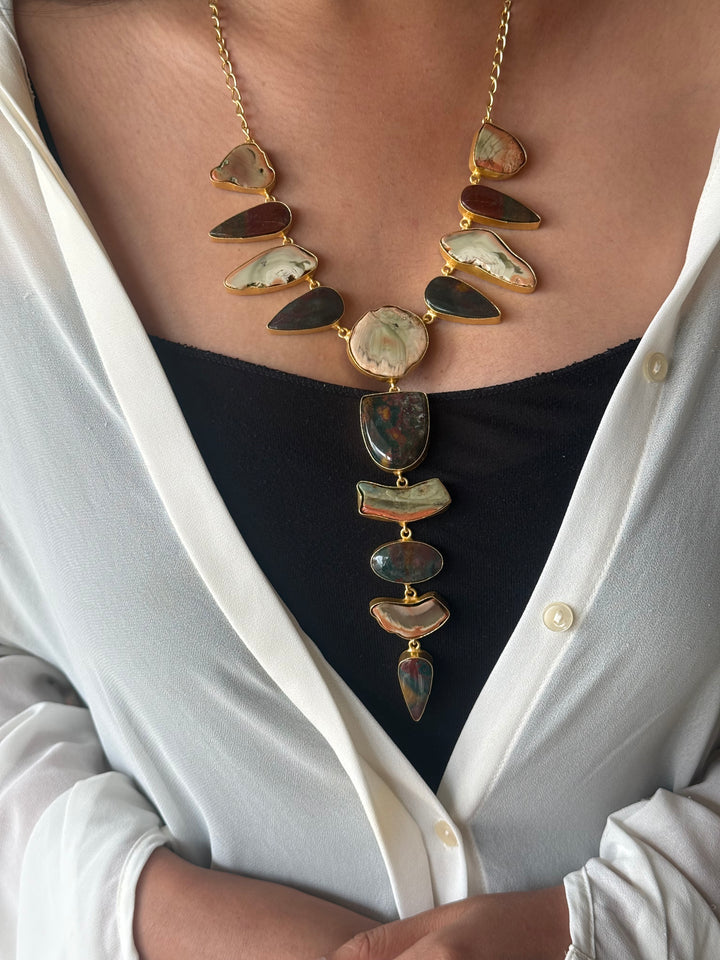 Handmade Raw Stone Necklace | Gold Polish Brass Adjustable Hook Closure Statement Jewelry