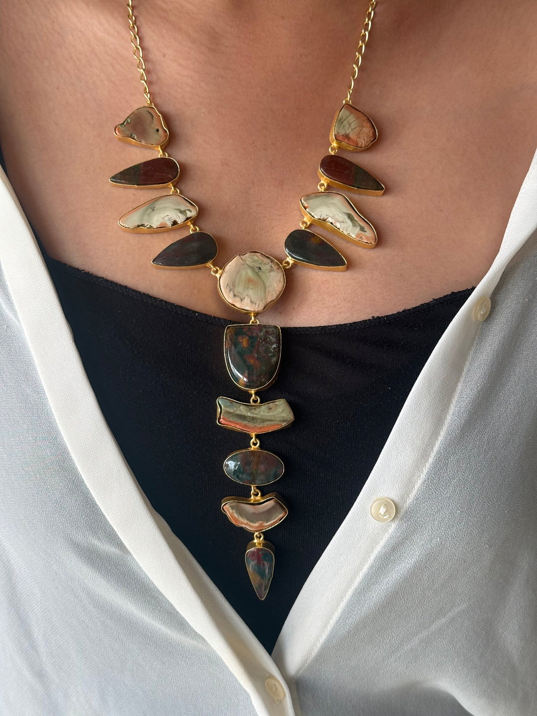 Handmade Raw Stone Necklace | Gold Polish Brass Adjustable Hook Closure Statement Jewelry