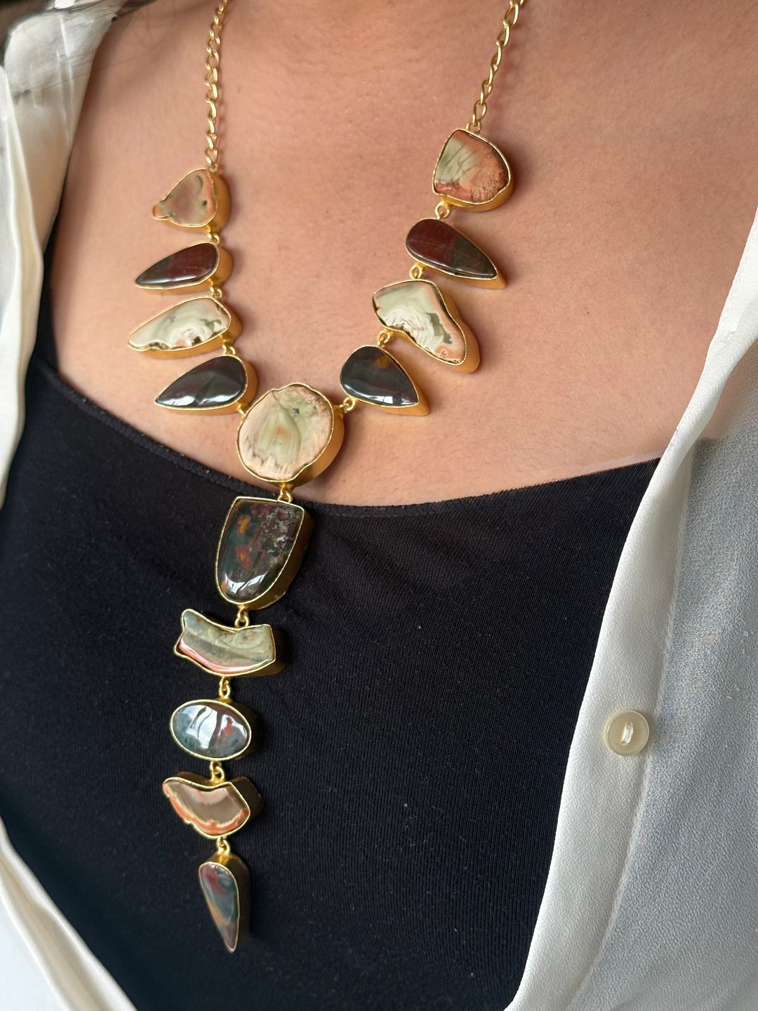 Handmade Raw Stone Necklace | Gold Polish Brass Adjustable Hook Closure Statement Jewelry