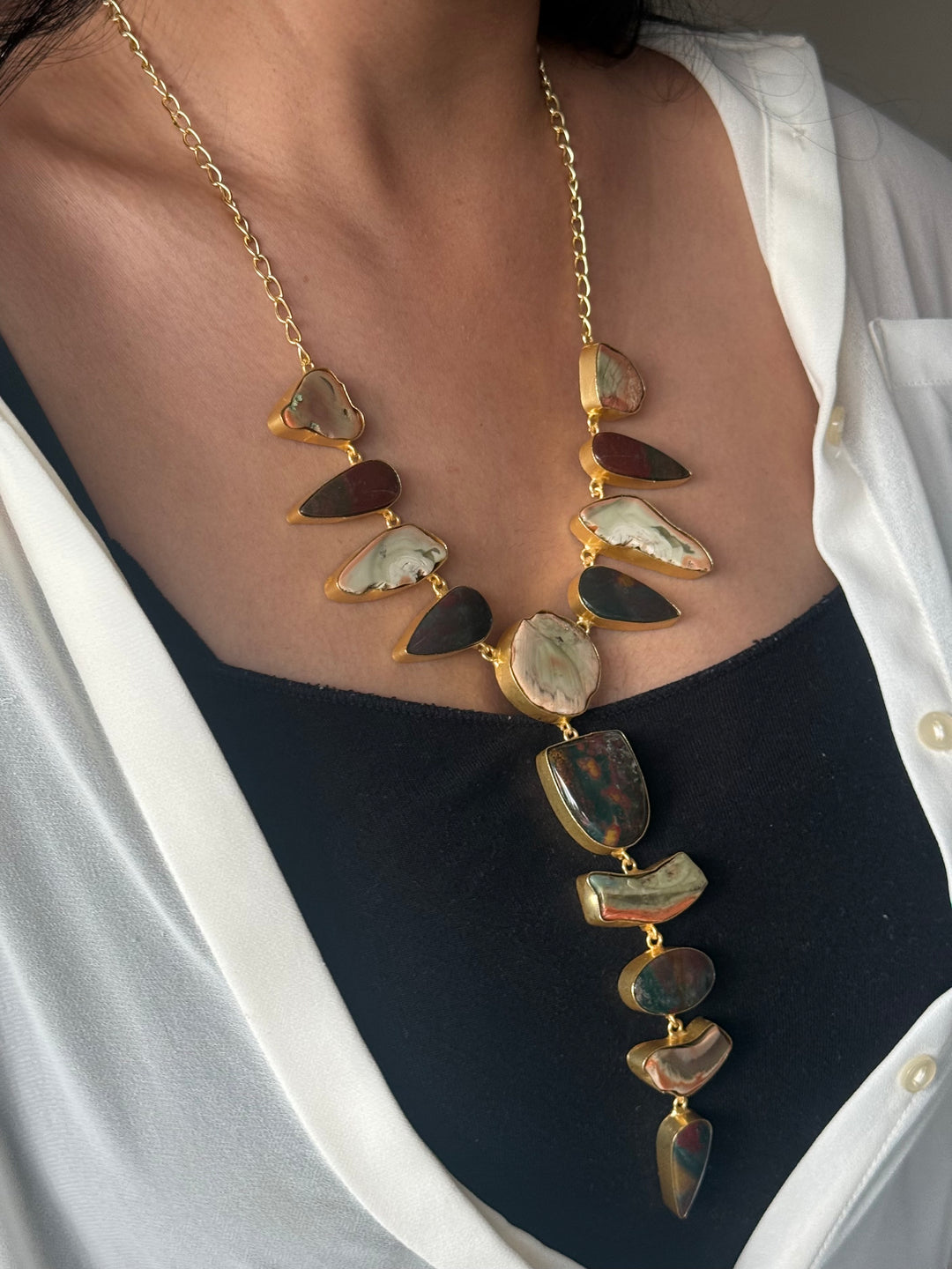 Handmade Raw Stone Necklace | Gold Polish Brass Adjustable Hook Closure Statement Jewelry