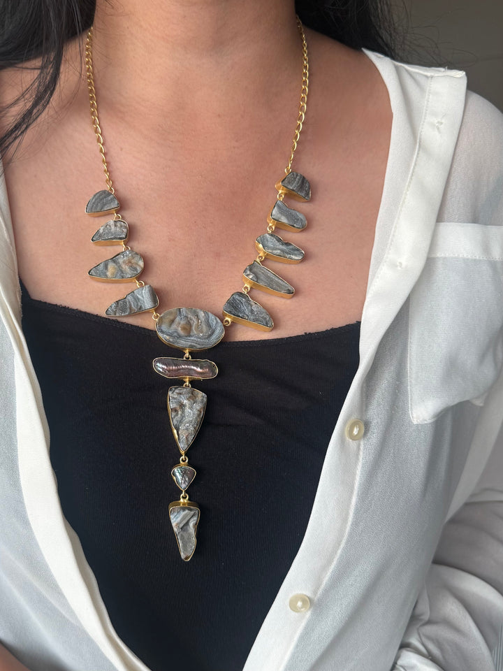 Handmade Raw Stone Necklace | Gold Polish Brass Adjustable Hook Closure Statement Jewelry