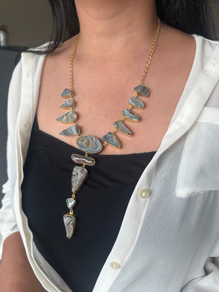 Handmade Raw Stone Necklace | Gold Polish Brass Adjustable Hook Closure Statement Jewelry