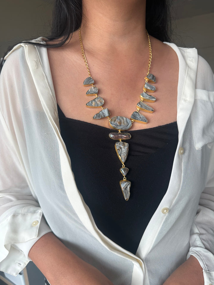 Handmade Raw Stone Necklace | Gold Polish Brass Adjustable Hook Closure Statement Jewelry