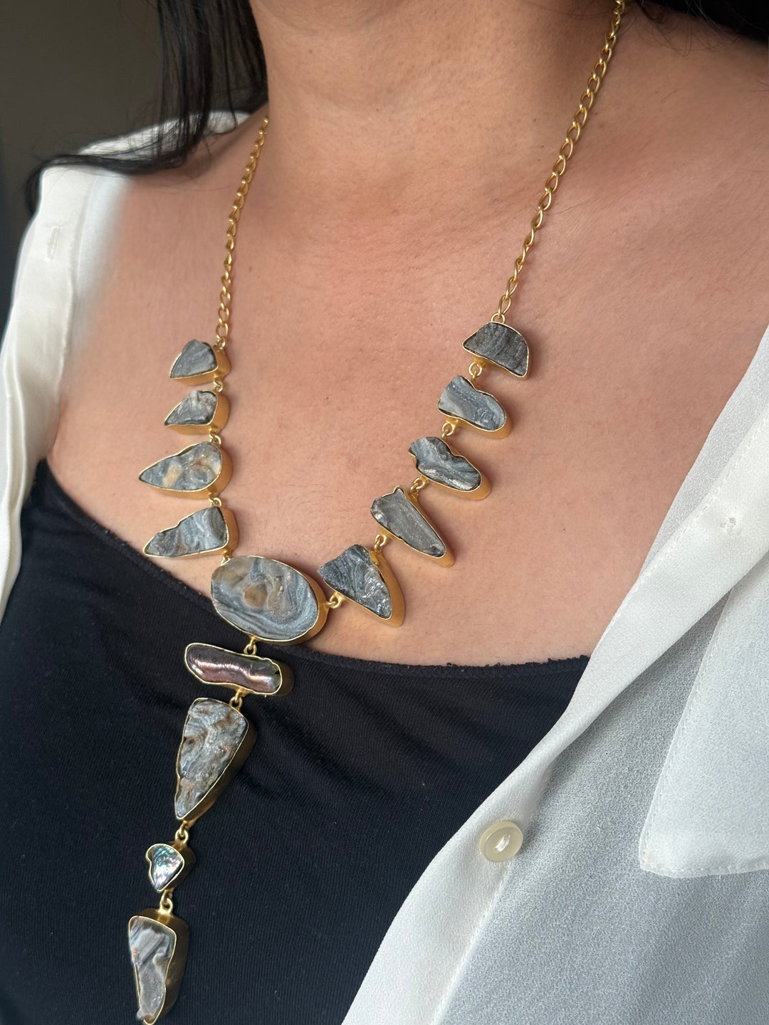 Handmade Raw Stone Necklace | Gold Polish Brass Adjustable Hook Closure Statement Jewelry