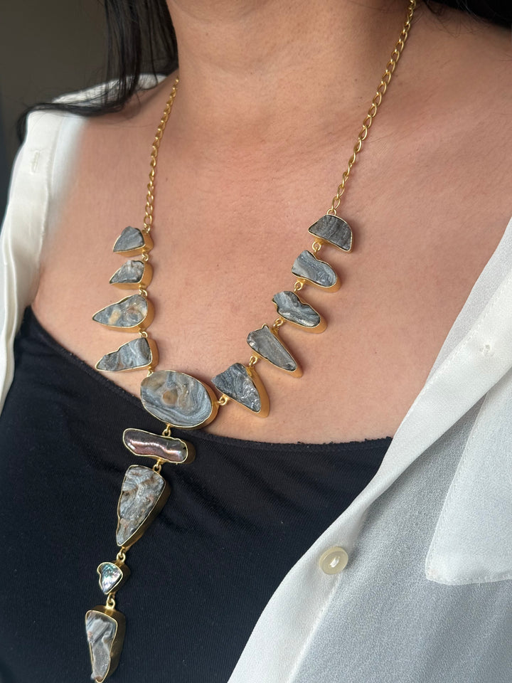 Handmade Raw Stone Necklace | Gold Polish Brass Adjustable Hook Closure Statement Jewelry