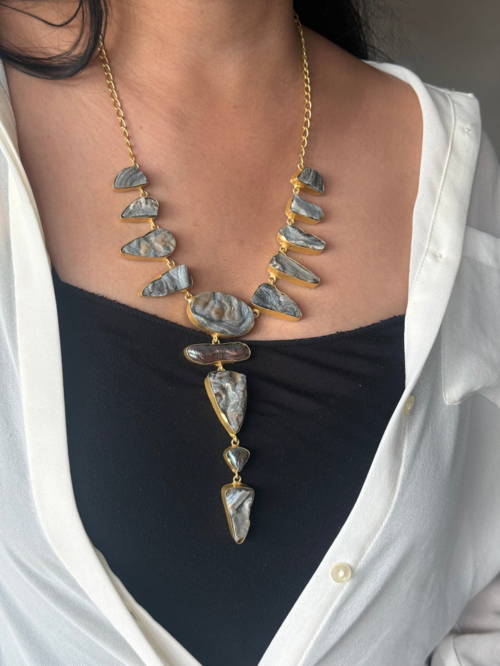 Handmade Raw Stone Necklace | Gold Polish Brass Adjustable Hook Closure Statement Jewelry