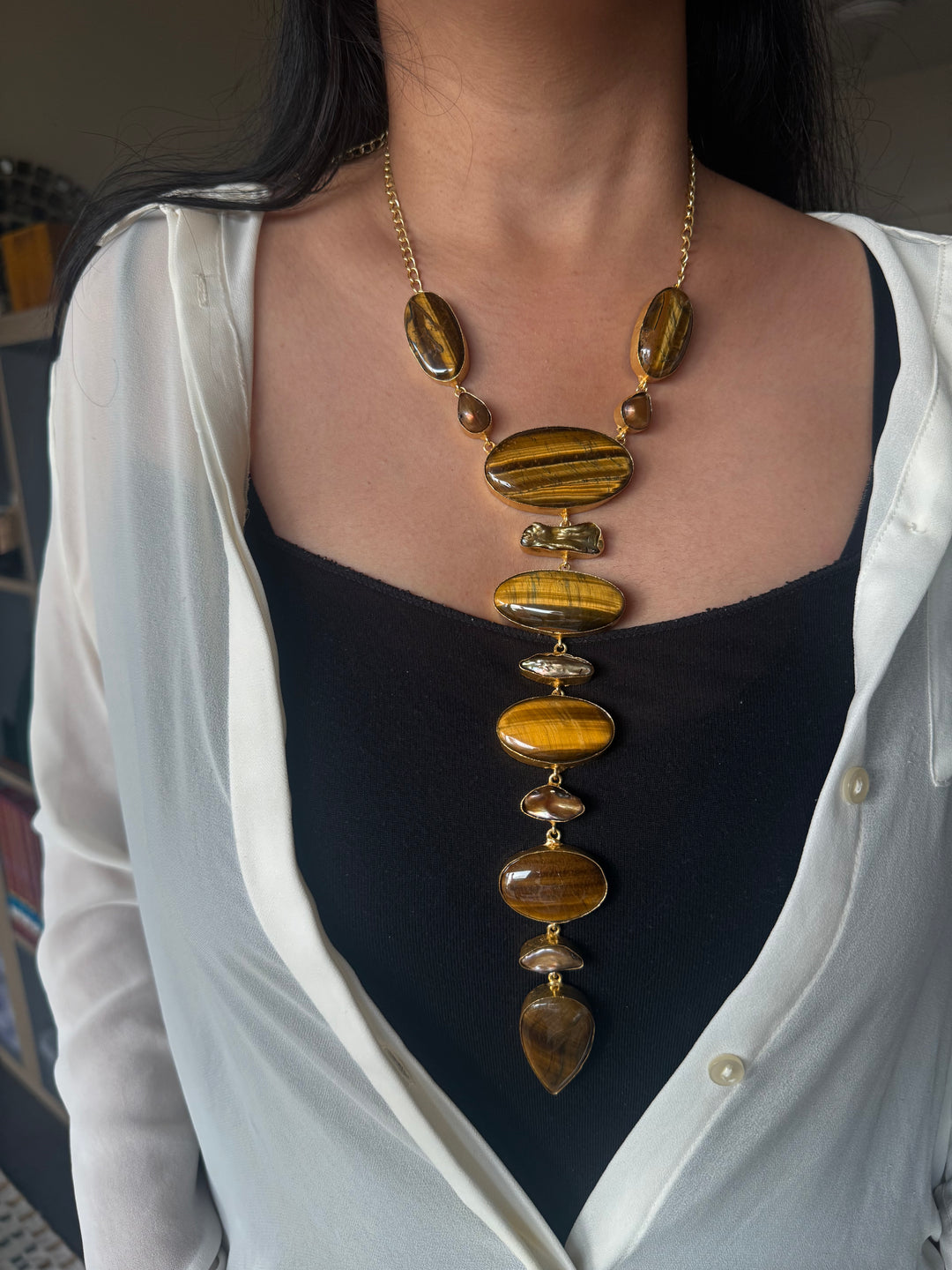 Handmade Raw Tiger Eye Stone Tie Necklace | Gold Polish Brass Adjustable Hook Closure Statement Jewelry