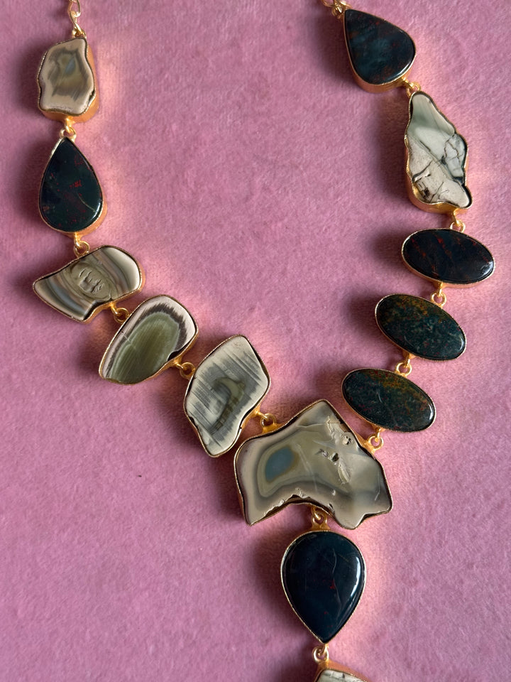 Handmade Raw Stone Necklace | Gold Polish Brass Adjustable Hook Closure Statement Jewelry