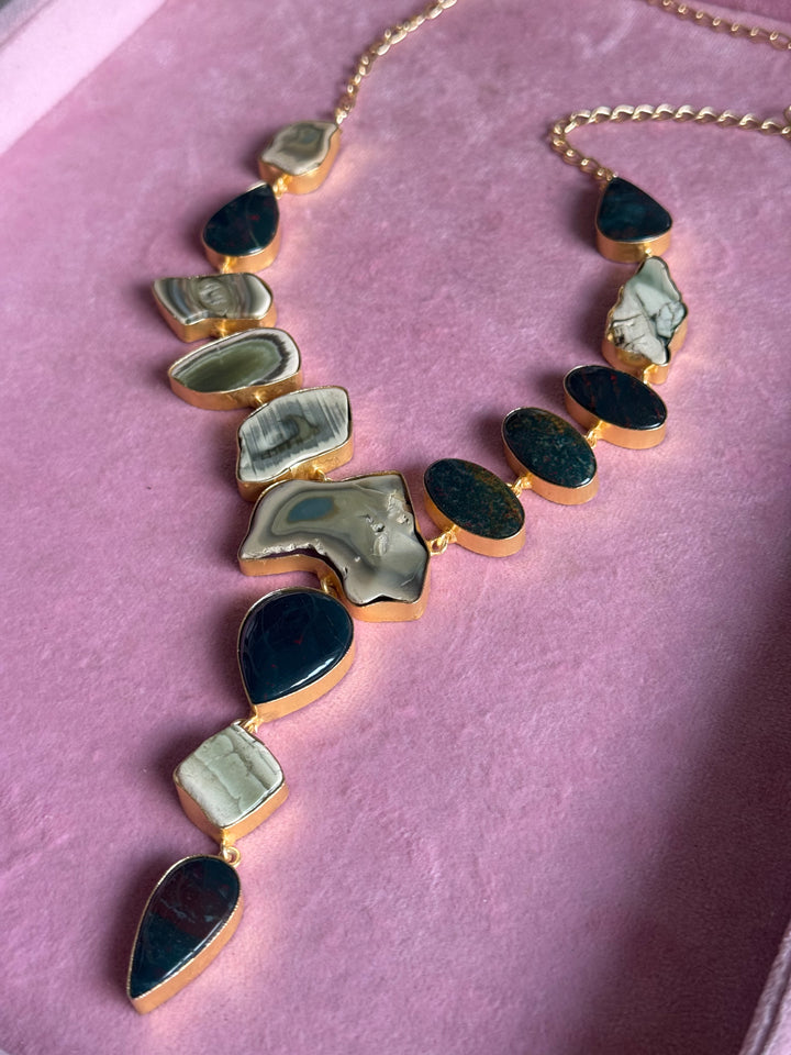 Handmade Raw Stone Necklace | Gold Polish Brass Adjustable Hook Closure Statement Jewelry
