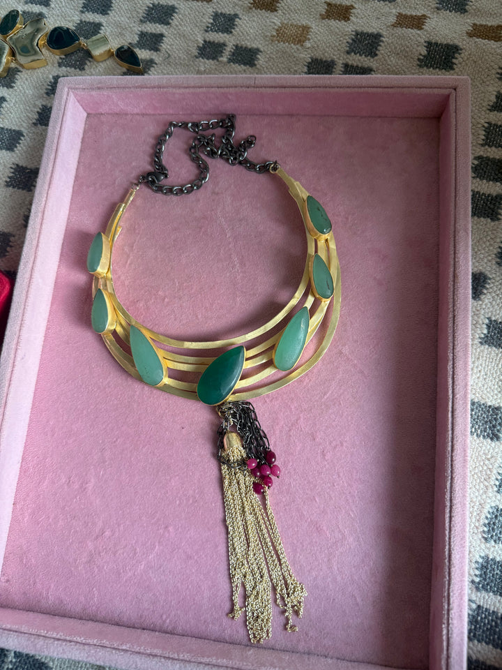 Handmade Green Onyx Hasli Necklace | Gold Polish Brass Adjustable Statement Jewelry