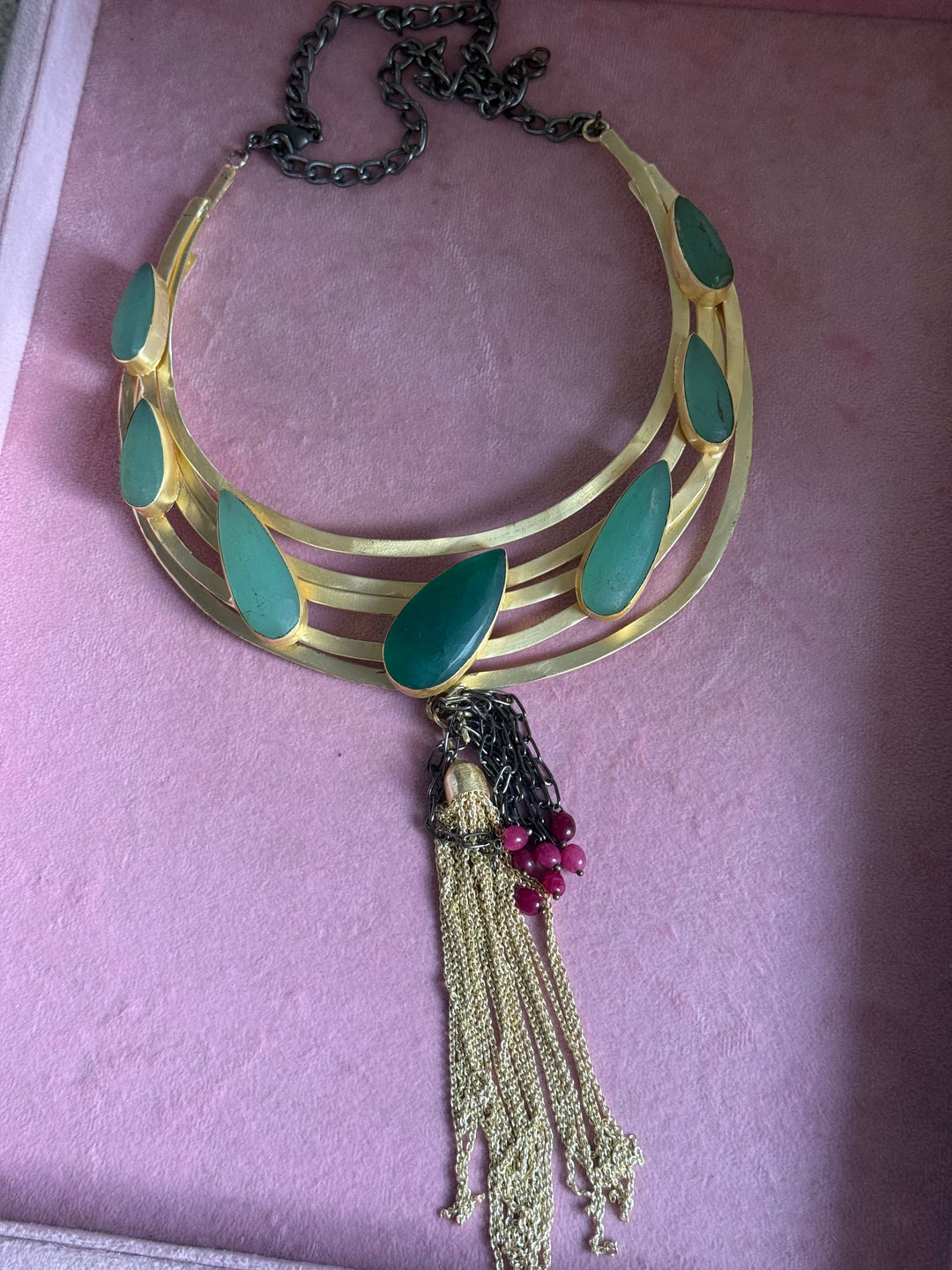 Handmade Green Onyx Hasli Necklace | Gold Polish Brass Adjustable Statement Jewelry