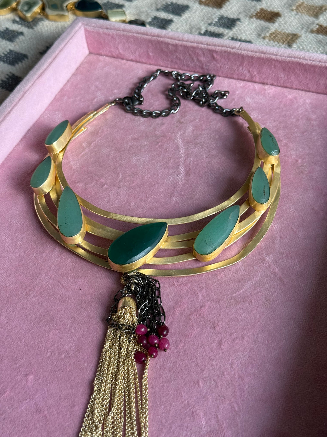Handmade Green Onyx Hasli Necklace | Gold Polish Brass Adjustable Statement Jewelry