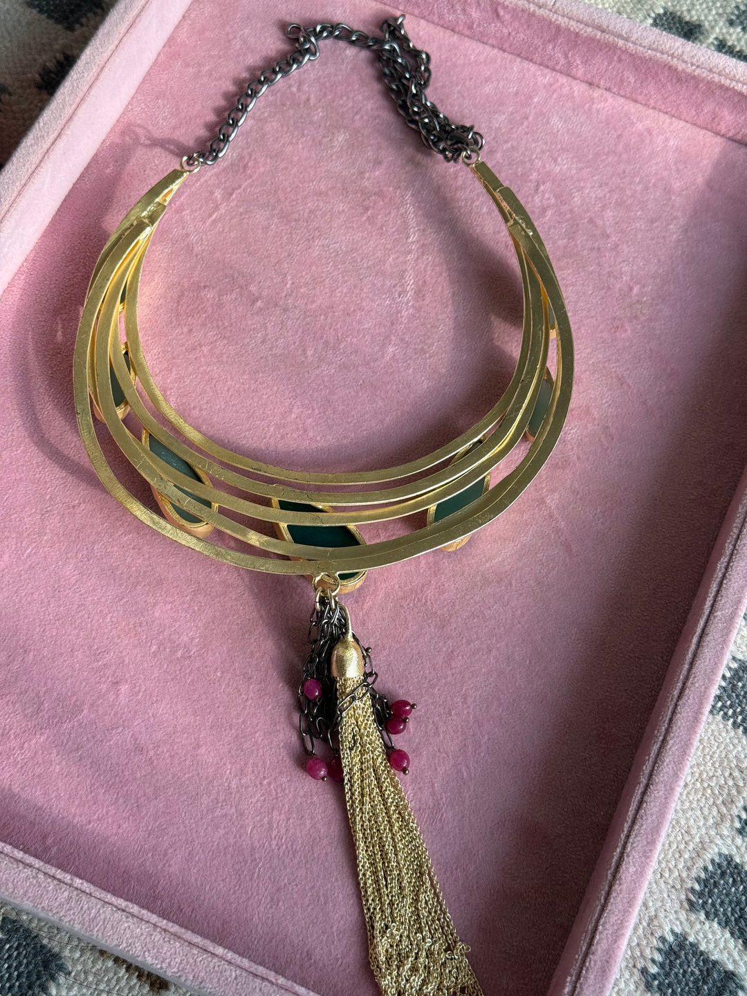 Handmade Green Onyx Hasli Necklace | Gold Polish Brass Adjustable Statement Jewelry