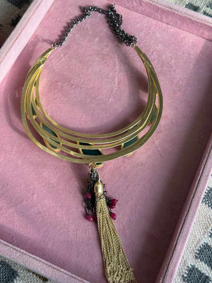 Handmade Green Onyx Hasli Necklace | Gold Polish Brass Adjustable Statement Jewelry
