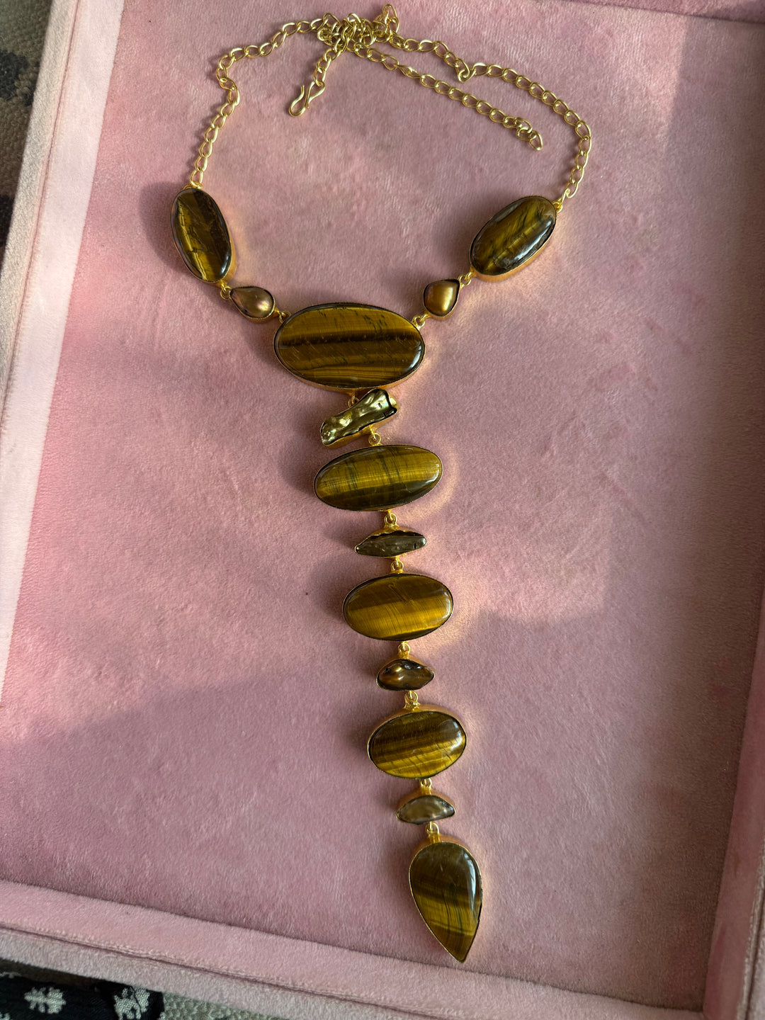 Handmade Raw Tiger Eye Stone Tie Necklace | Gold Polish Brass Adjustable Hook Closure Statement Jewelry