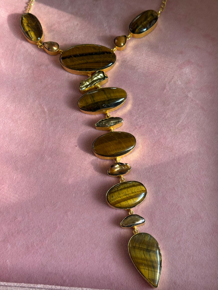 Handmade Raw Tiger Eye Stone Tie Necklace | Gold Polish Brass Adjustable Hook Closure Statement Jewelry