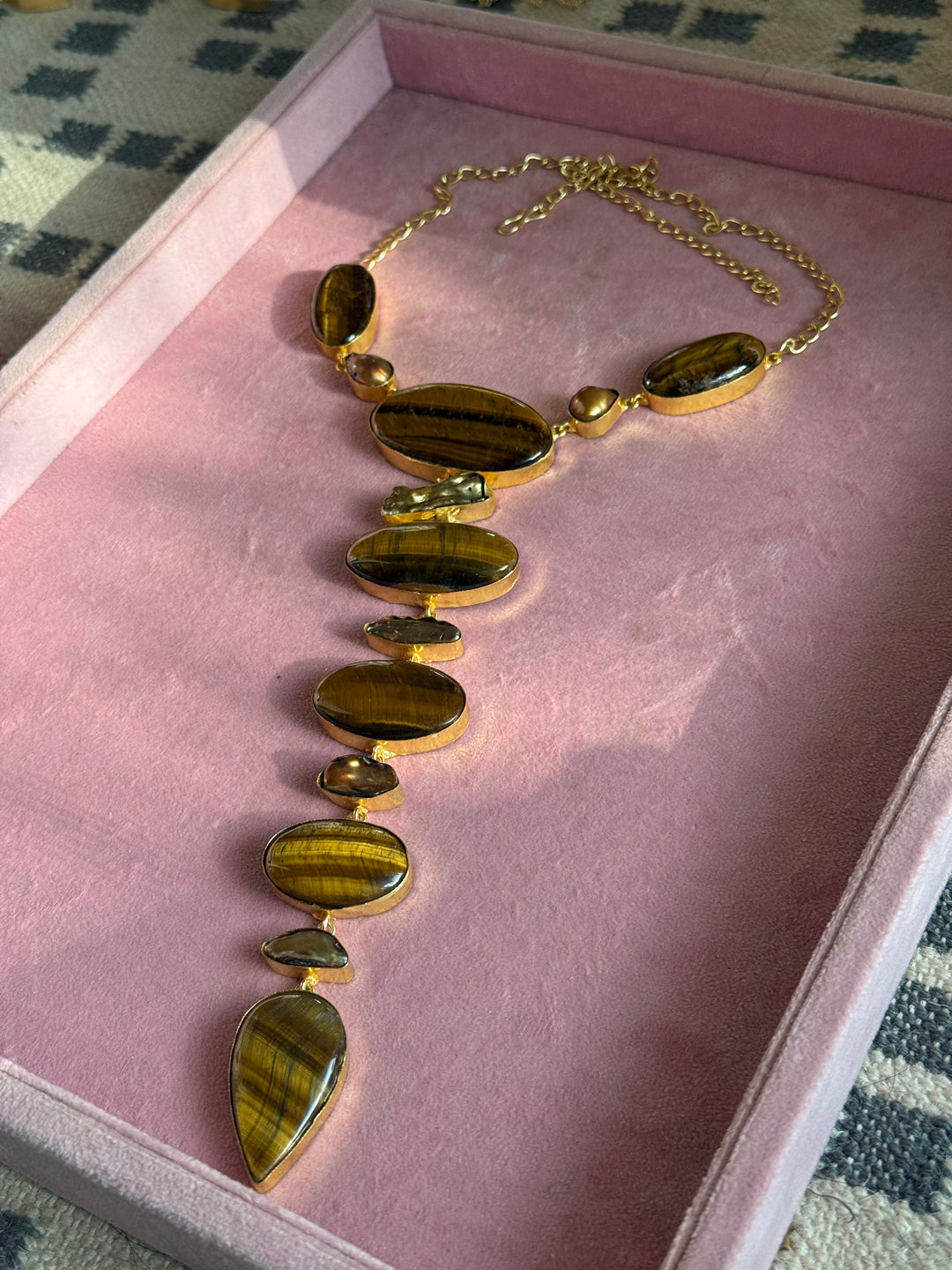 Handmade Raw Tiger Eye Stone Tie Necklace | Gold Polish Brass Adjustable Hook Closure Statement Jewelry