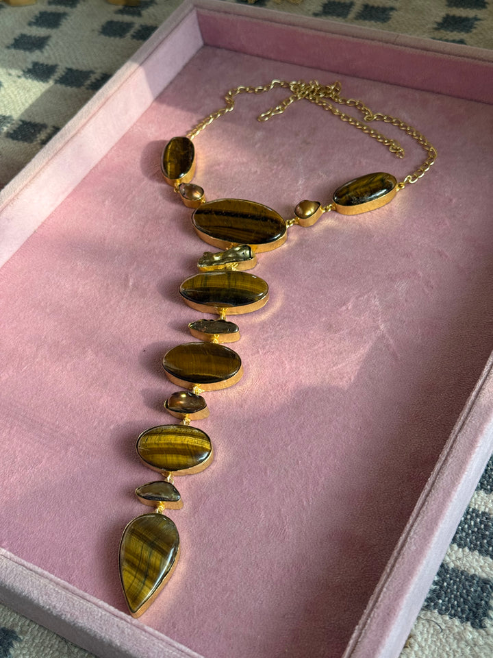 Handmade Raw Tiger Eye Stone Tie Necklace | Gold Polish Brass Adjustable Hook Closure Statement Jewelry