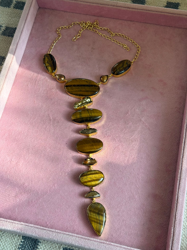 Handmade Raw Tiger Eye Stone Tie Necklace | Gold Polish Brass Adjustable Hook Closure Statement Jewelry