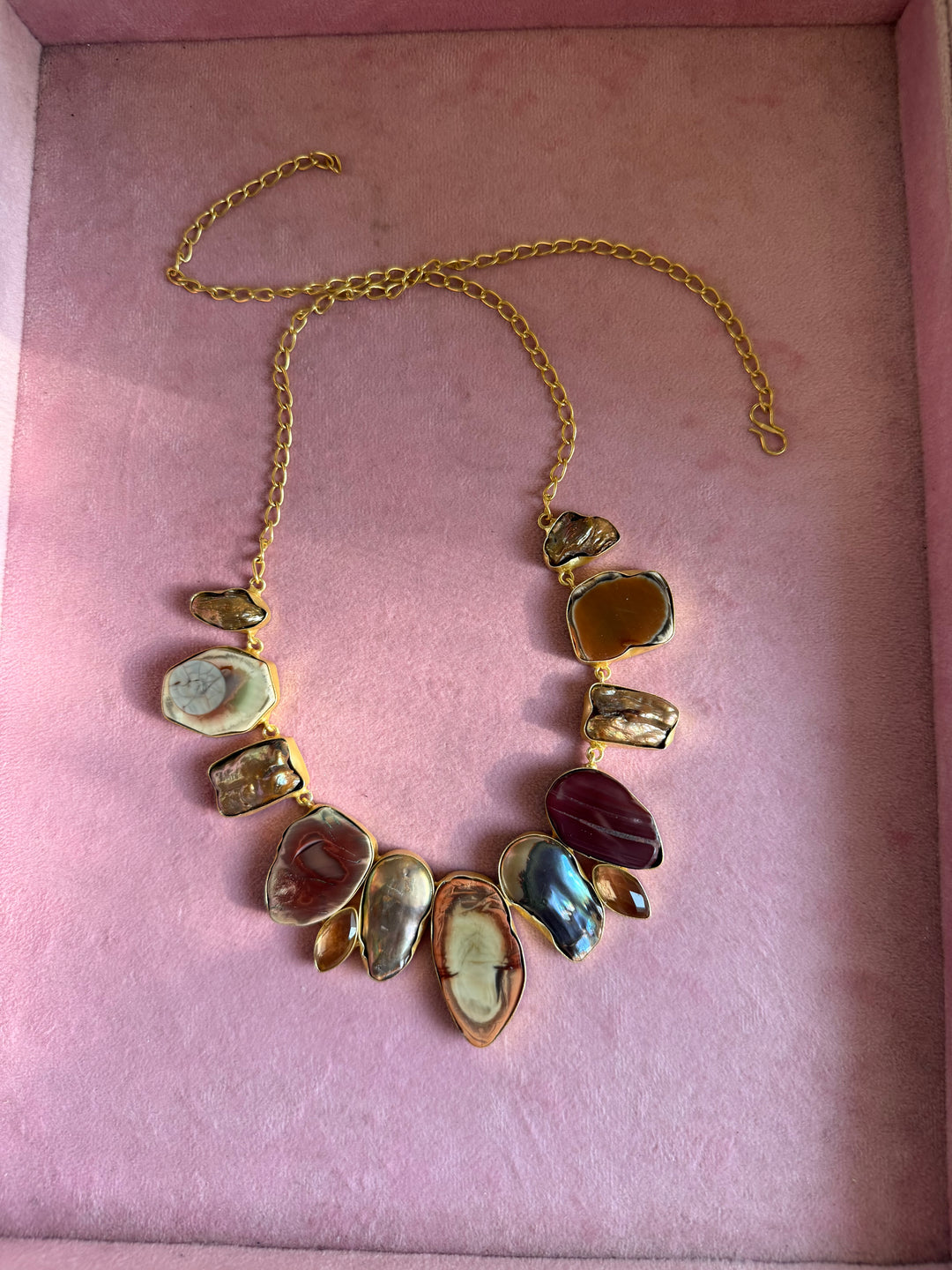 Handmade Raw Stone Necklace | Gold Polish Brass Adjustable Hook Closure Statement Jewelry