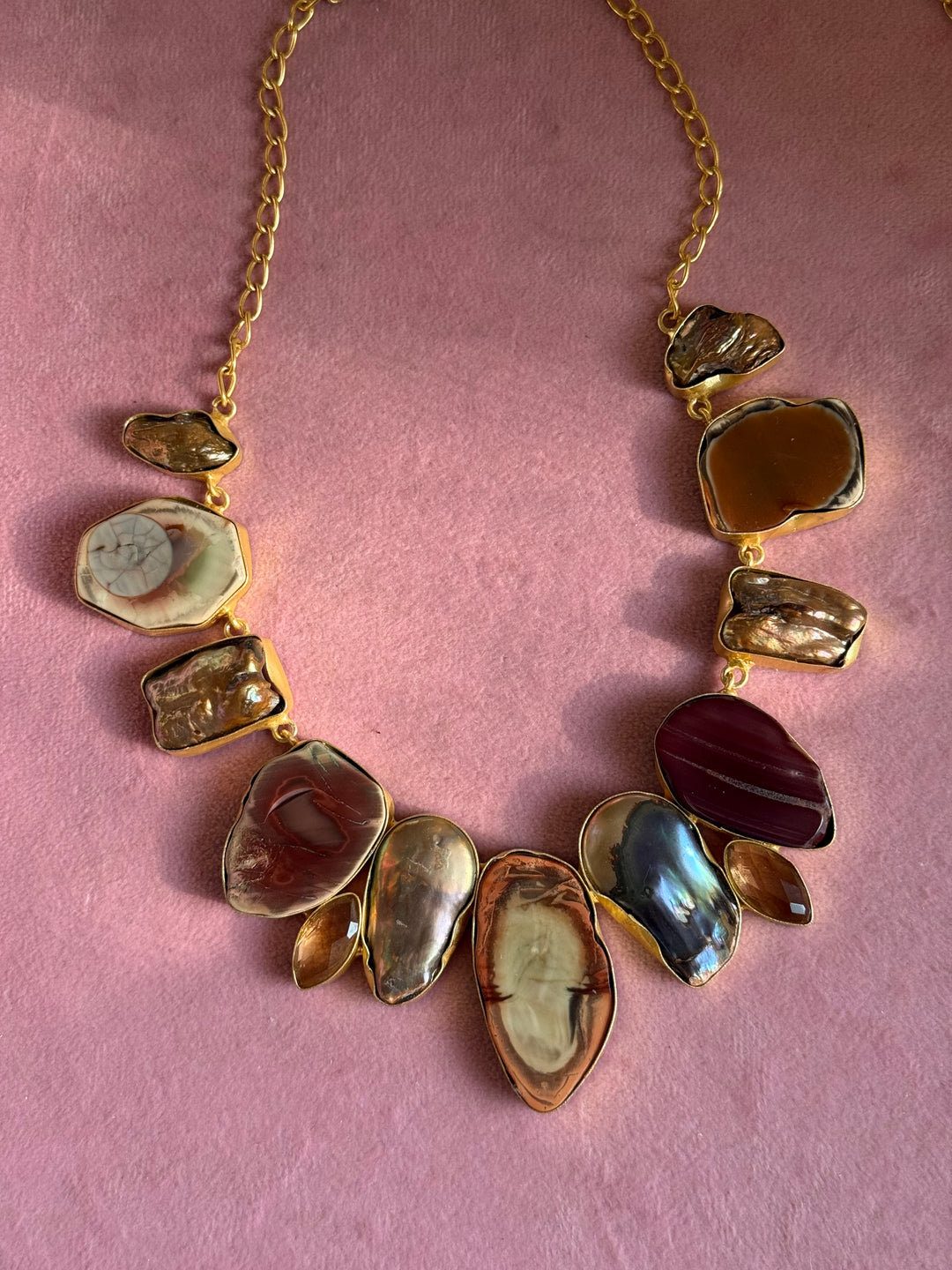 Handmade Raw Stone Necklace | Gold Polish Brass Adjustable Hook Closure Statement Jewelry