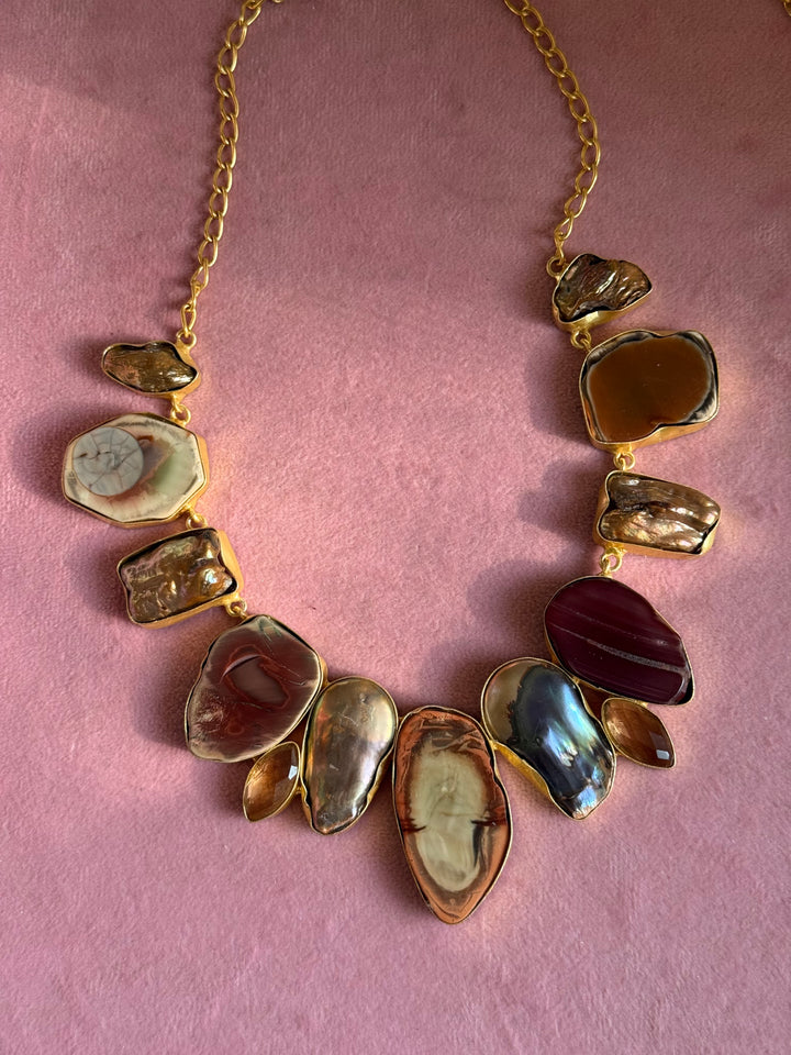 Handmade Raw Stone Necklace | Gold Polish Brass Adjustable Hook Closure Statement Jewelry