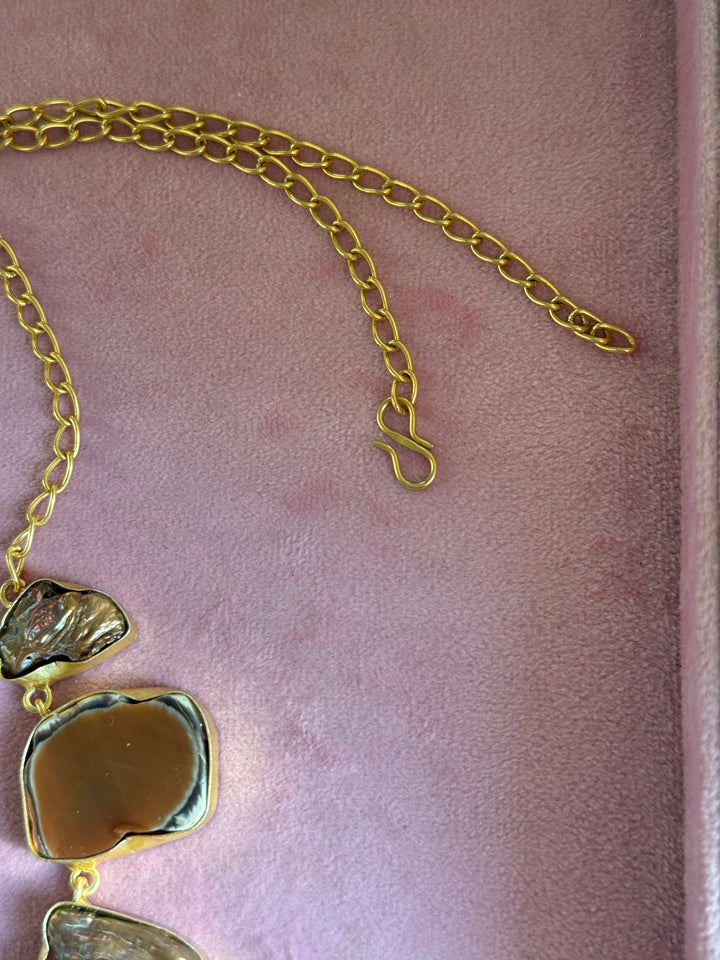 Handmade Raw Stone Necklace | Gold Polish Brass Adjustable Hook Closure Statement Jewelry