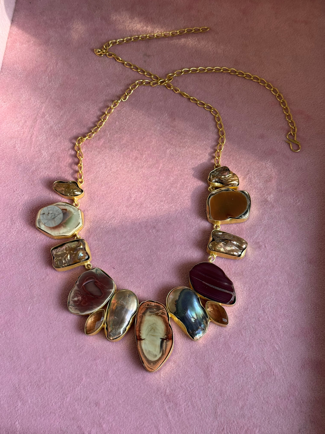 Handmade Raw Stone Necklace | Gold Polish Brass Adjustable Hook Closure Statement Jewelry