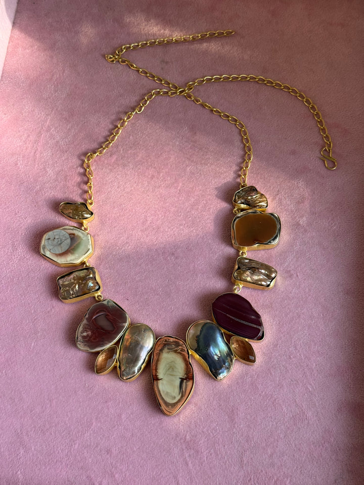 Handmade Raw Stone Necklace | Gold Polish Brass Adjustable Hook Closure Statement Jewelry