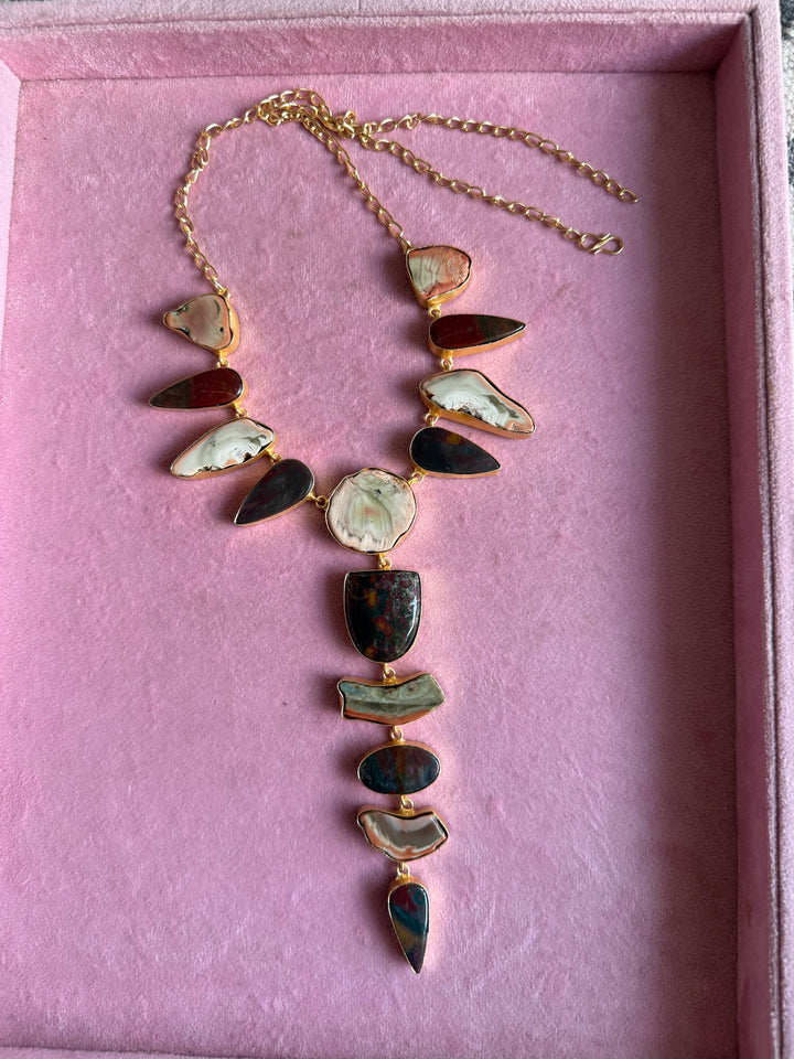Handmade Raw Stone Necklace | Gold Polish Brass Adjustable Hook Closure Statement Jewelry