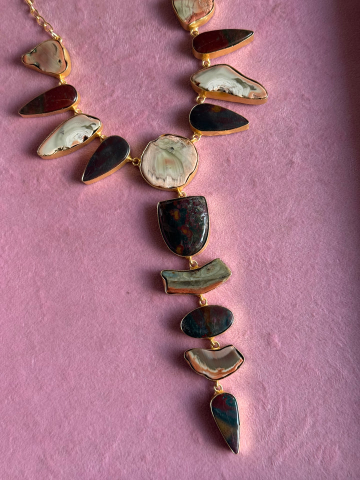 Handmade Raw Stone Necklace | Gold Polish Brass Adjustable Hook Closure Statement Jewelry