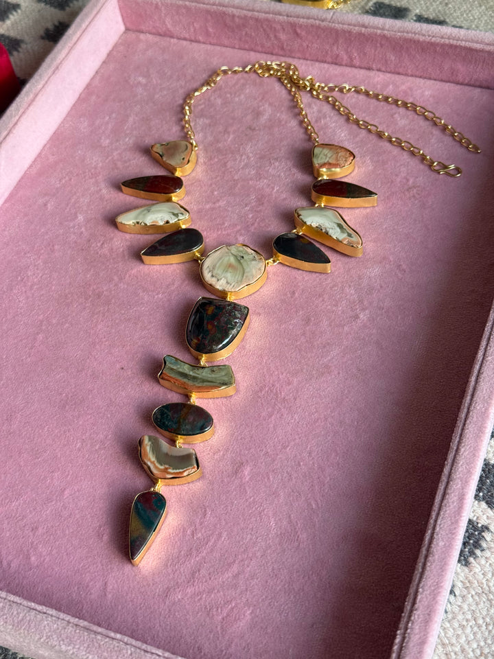 Handmade Raw Stone Necklace | Gold Polish Brass Adjustable Hook Closure Statement Jewelry