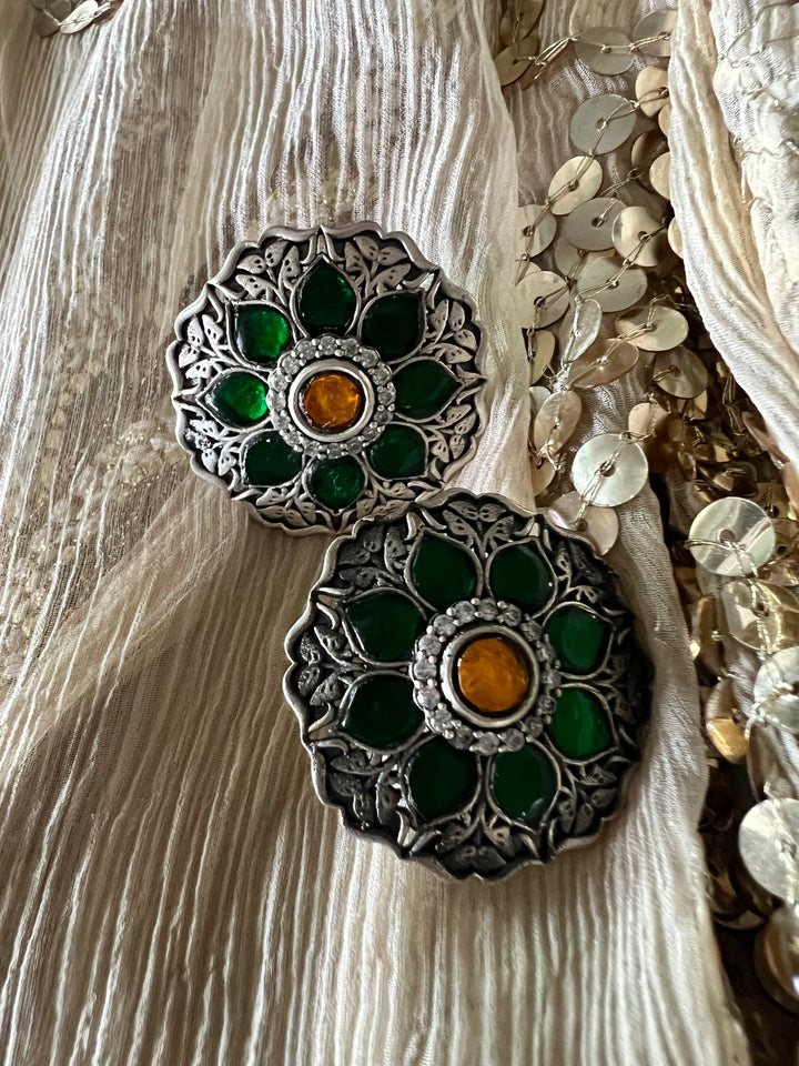 925 Silver Kundan Earrings with Green and Yellow Combination