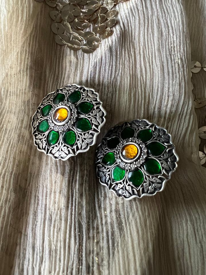 925 Silver Kundan Earrings with Green and Yellow Combination