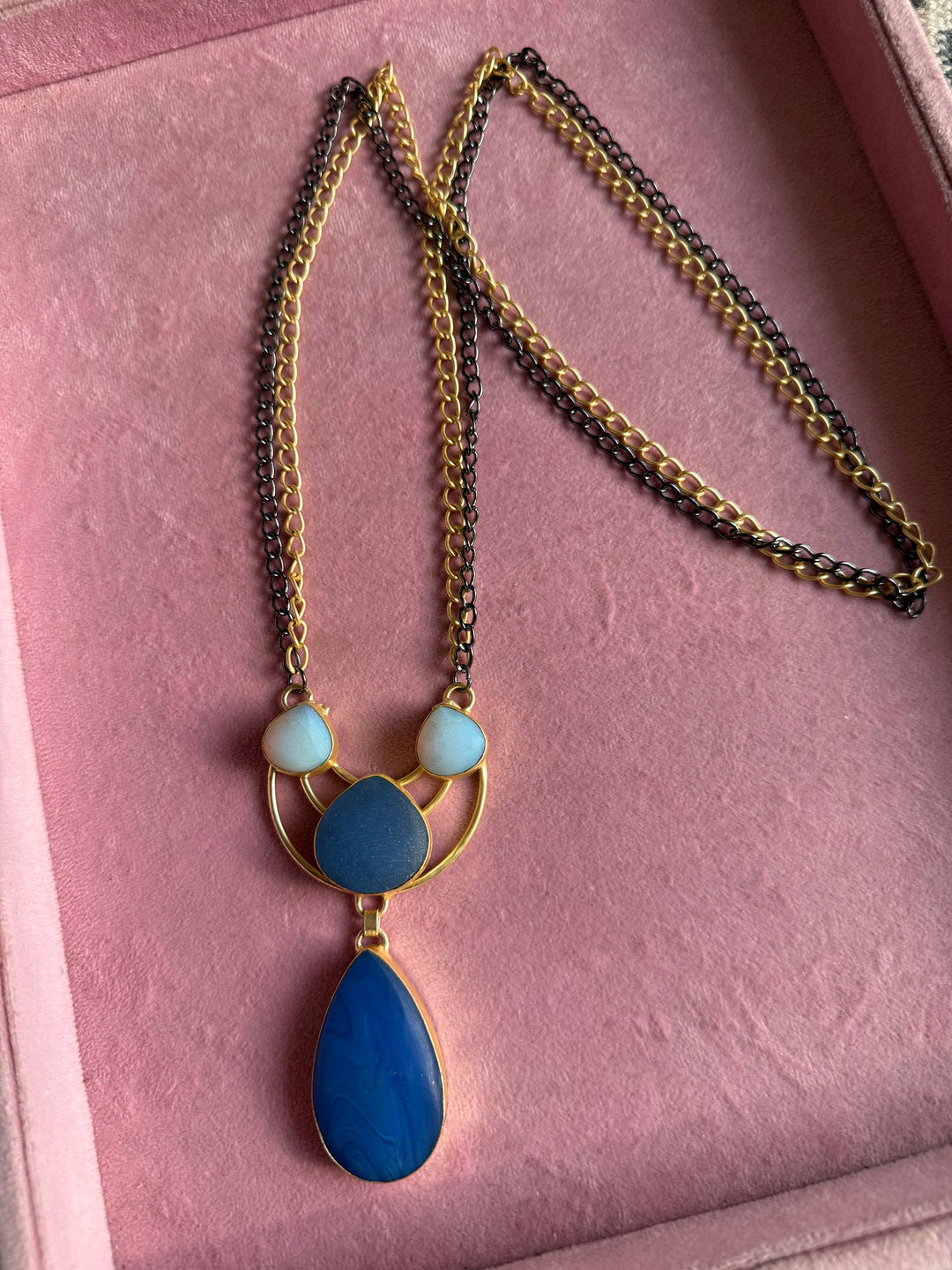 Handmade Long Lapis Lazuli Raw Stone Necklace | Dual Tone Gold Polish Brass Statement Jewelry