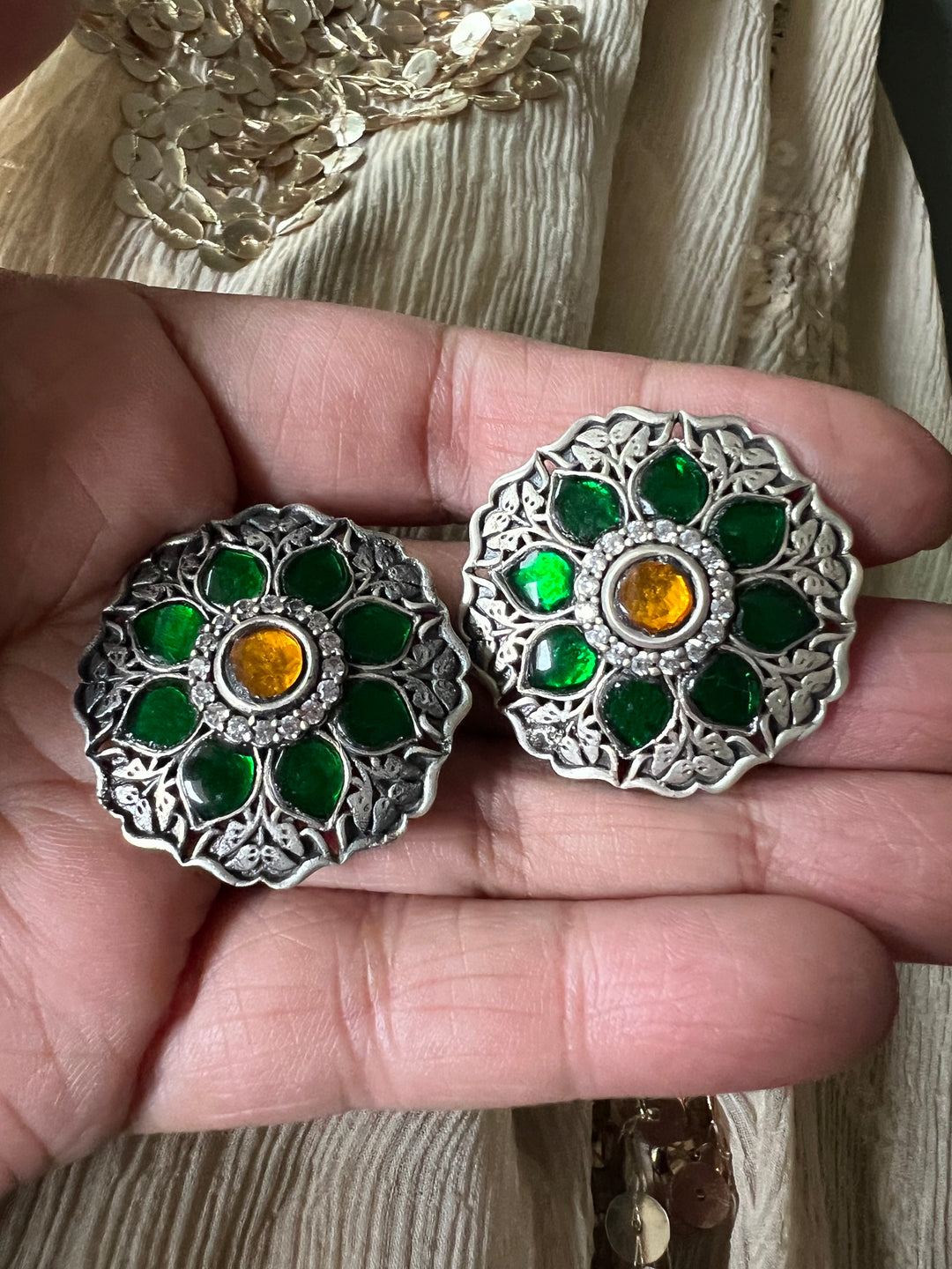 925 Silver Kundan Earrings with Green and Yellow Combination