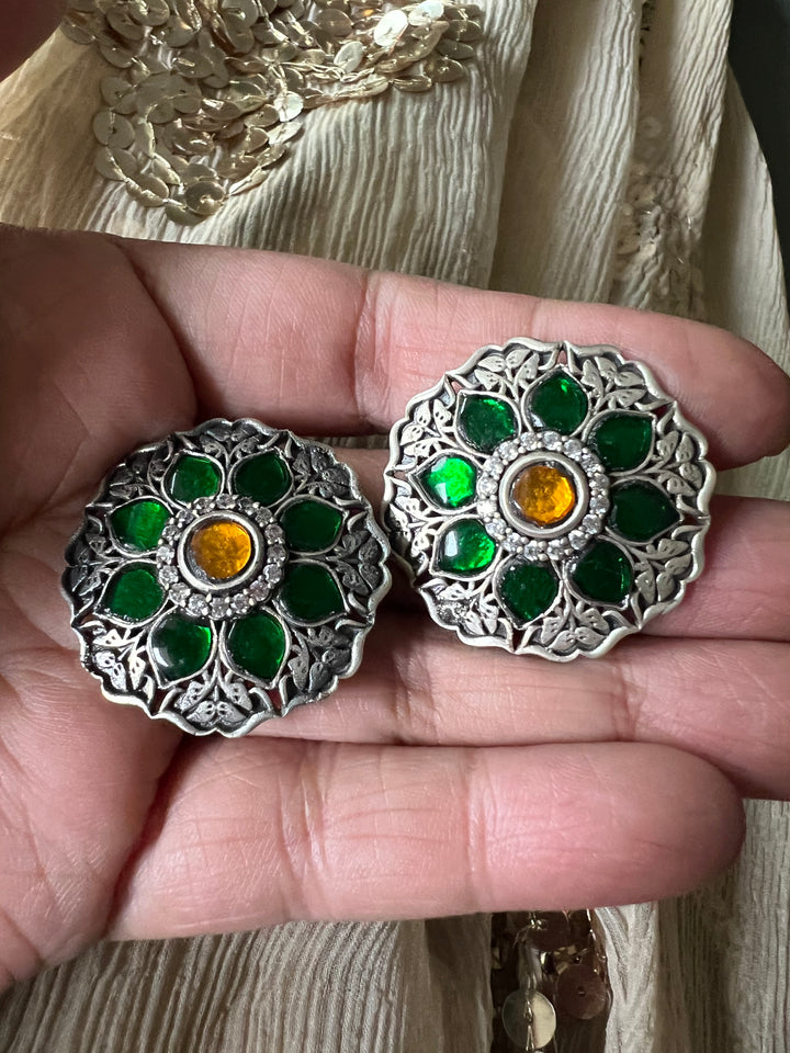 925 Silver Kundan Earrings with Green and Yellow Combination