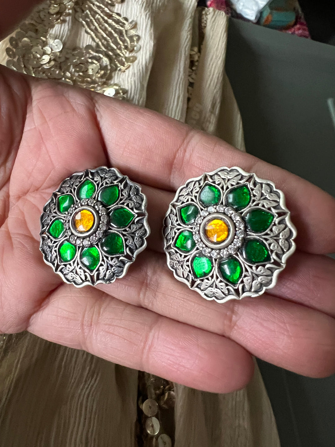 925 Silver Kundan Earrings with Green and Yellow Combination
